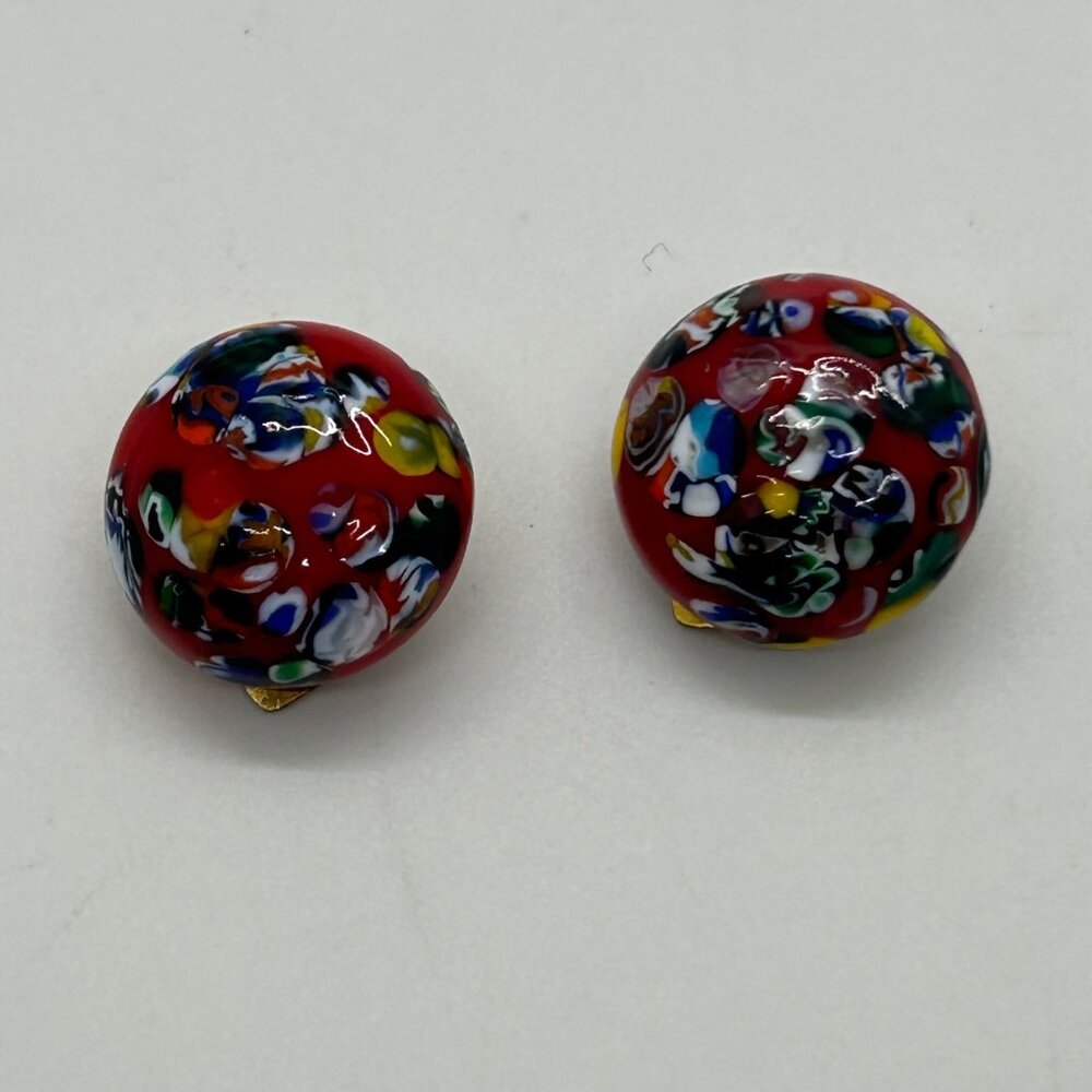 Vintage Red Venetian Glass Clip-On Earrings With Gold Tone Backs 3/4" Diameter
